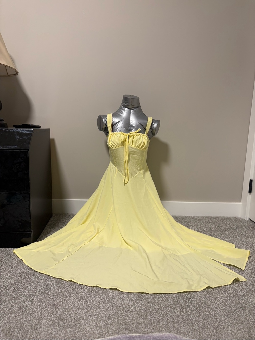 Light Yellow Midi Sundress with Ruched Bust and Tie Detail